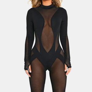 SOLADO Mesh Splicing Long Sleeve Solid Jumpsuit